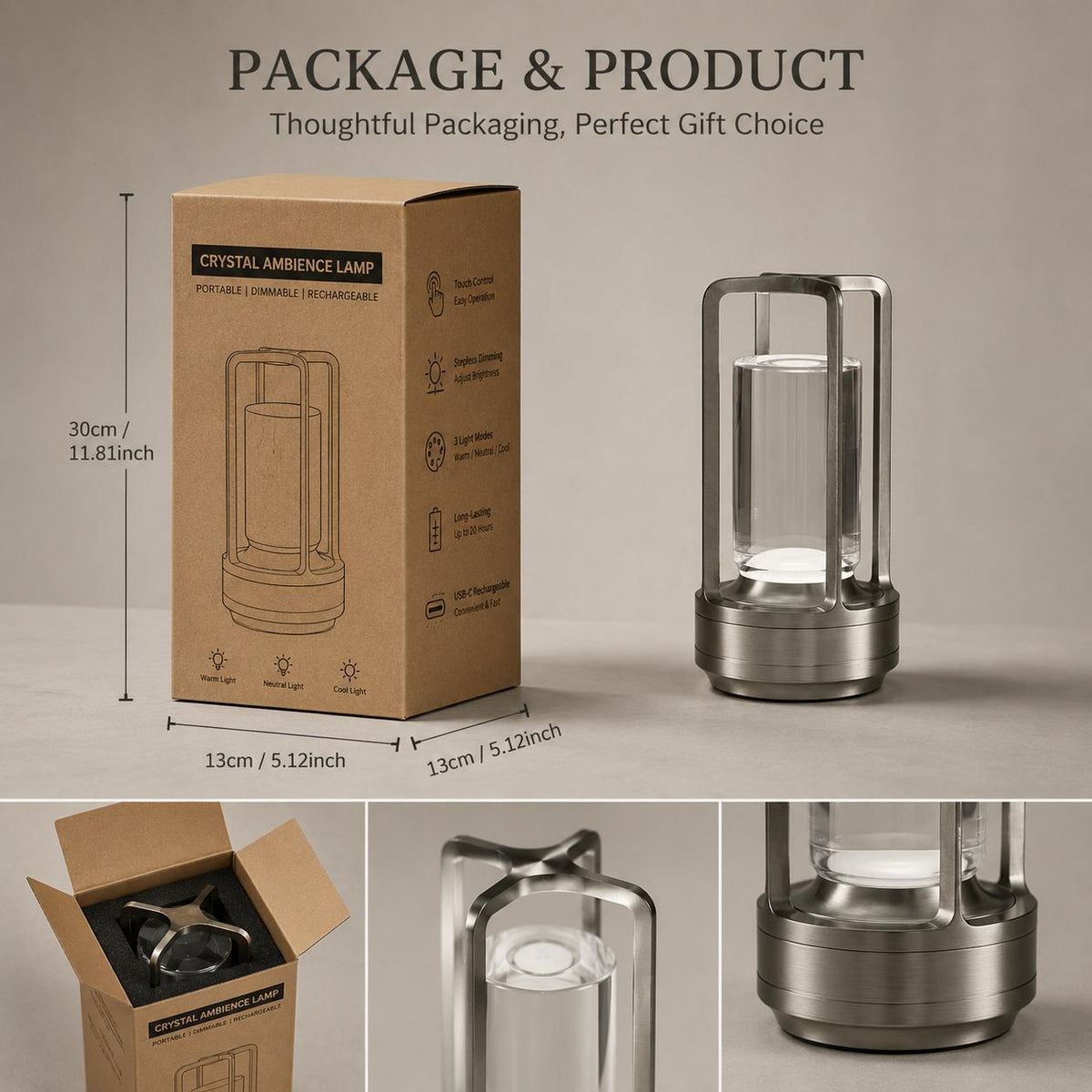 Lampe de table sans fil façon lanterne, cylindre cristal et métal