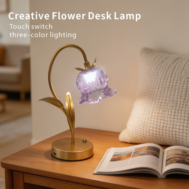 Lampe fleur de muguet sans fil, clochette en verre lilas et tige dorée