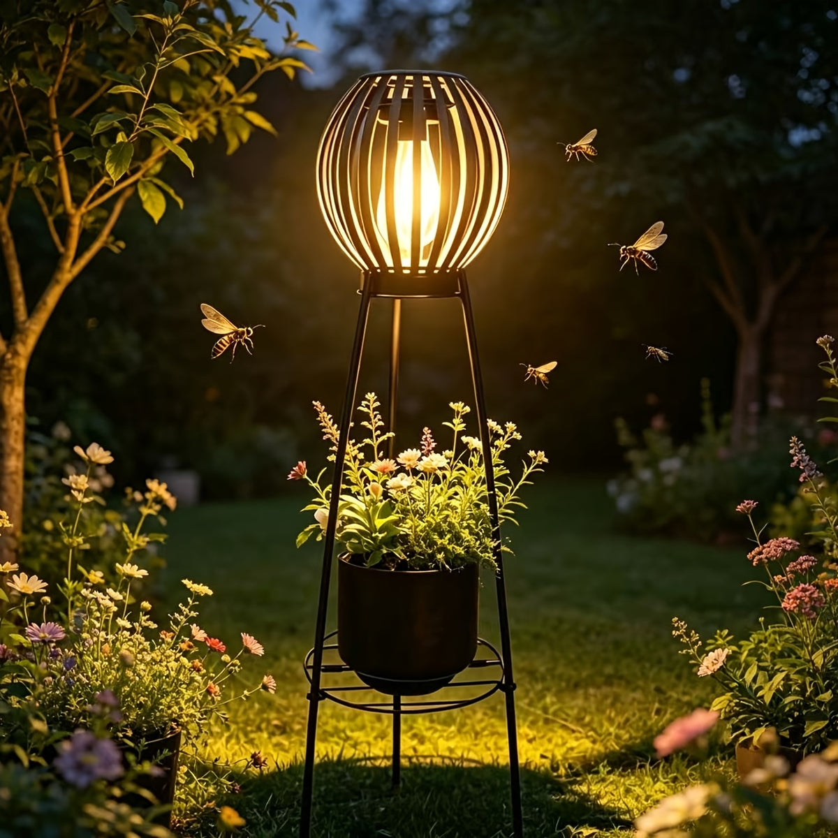 Lampadaire solaire rétro à boule ajourée sur trépied porte-fleurs
