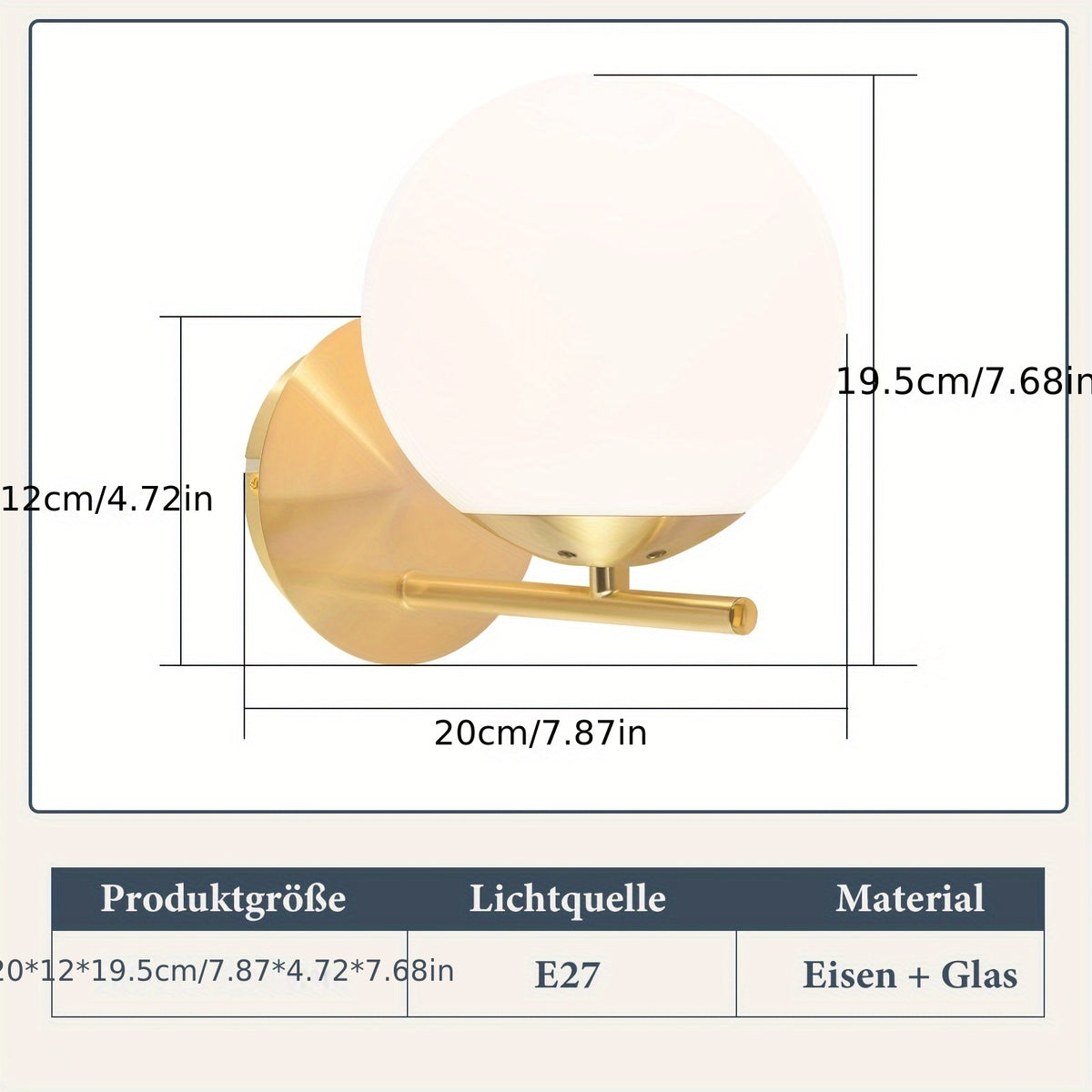Applique murale boule opaline sur tige dorée, douille E27