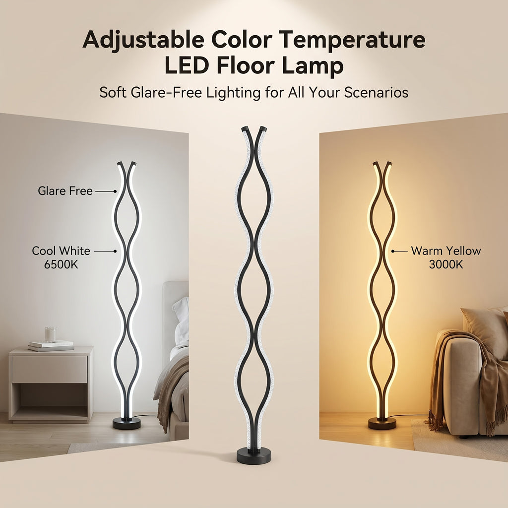 Lampe de sol LED ondulée noire effet cristal, trois teintes, 117 cm
