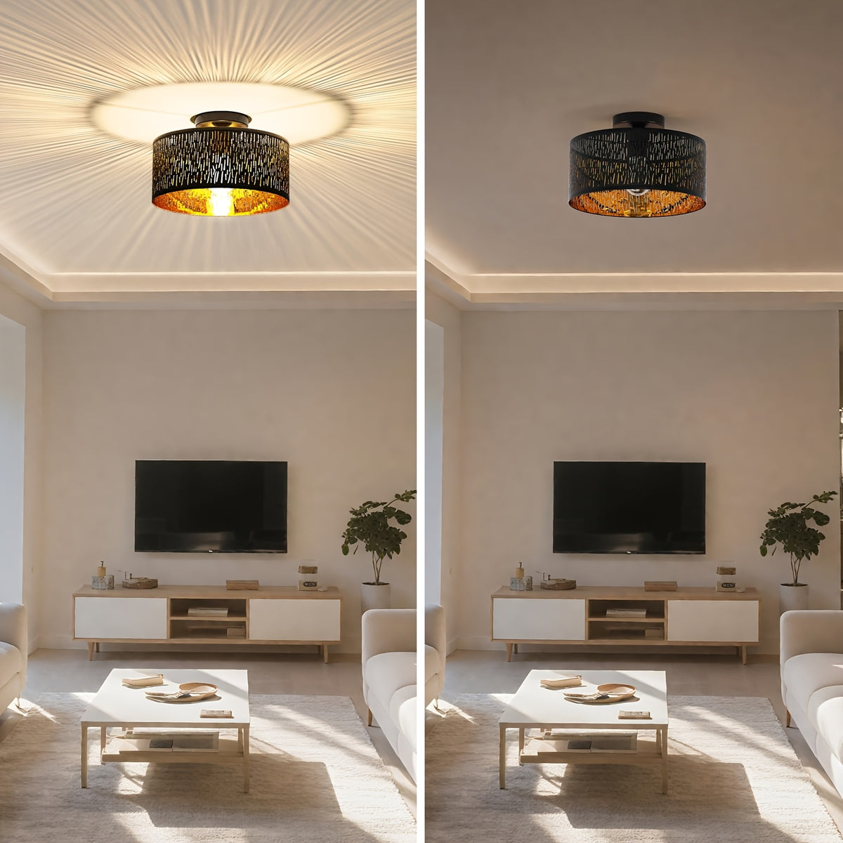 Plafonnier noir abat-jour tambour en tissu ajouré, intérieur doré