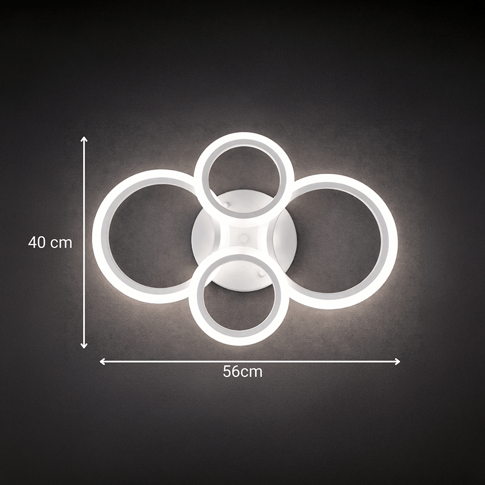 Plafonnier LED à quatre anneaux blancs 56 cm, variateur continu