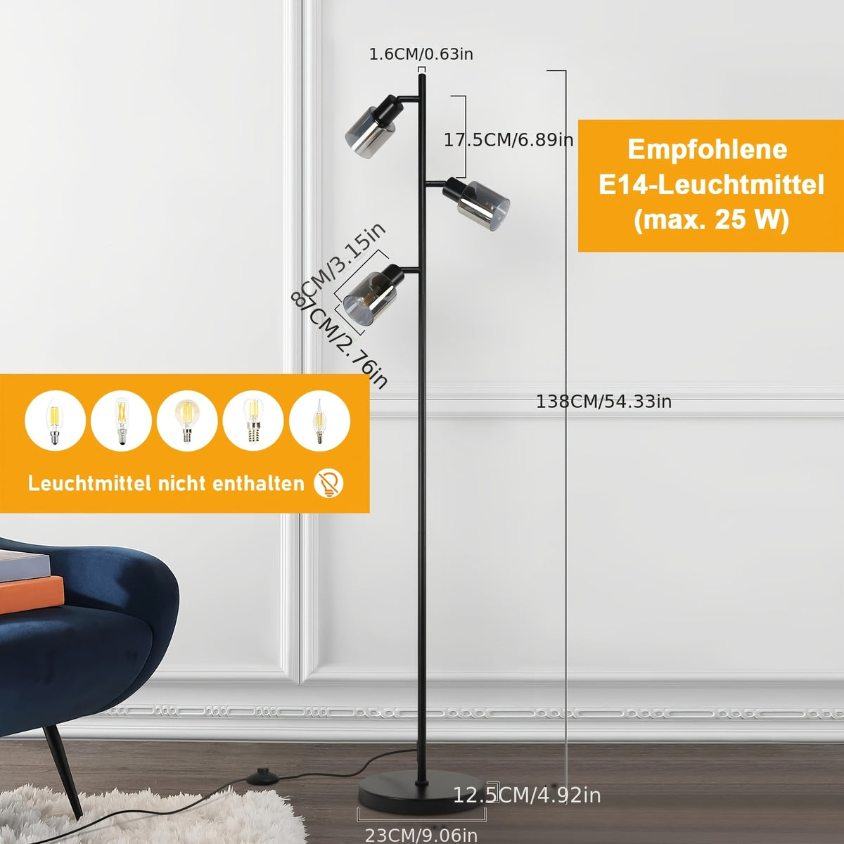 Lampadaire noir à trois spots en verre fumé orientables, 138 cm