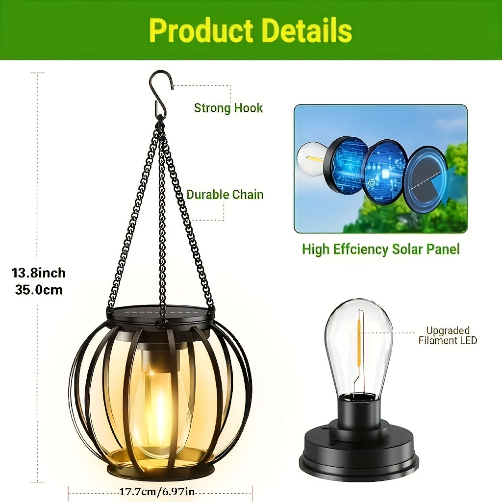 Suspension solaire cage noire à ampoule filament, lot de 2