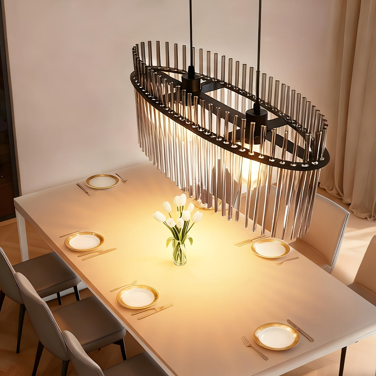 Suspension d'îlot 3 lumières en verre fumé cannelé, barre de 48 cm