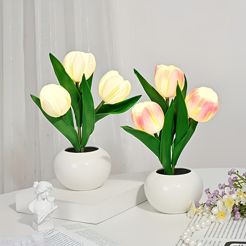 Lampe décorative bouquet de tulipes LED en pot céramique
