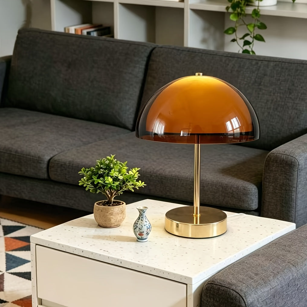 Lampe champignon à dôme ambré translucide et pied doré, 31 cm