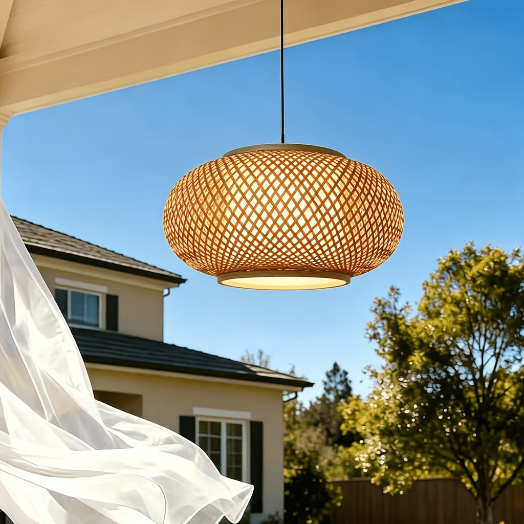 Suspension lanterne en bambou tressé, Ø 40 cm, diffuseur blanc