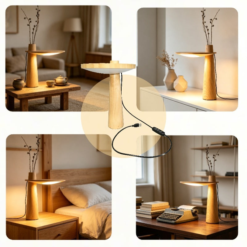 Lampe de chevet en bois à disque lumineux et soliflore intégré