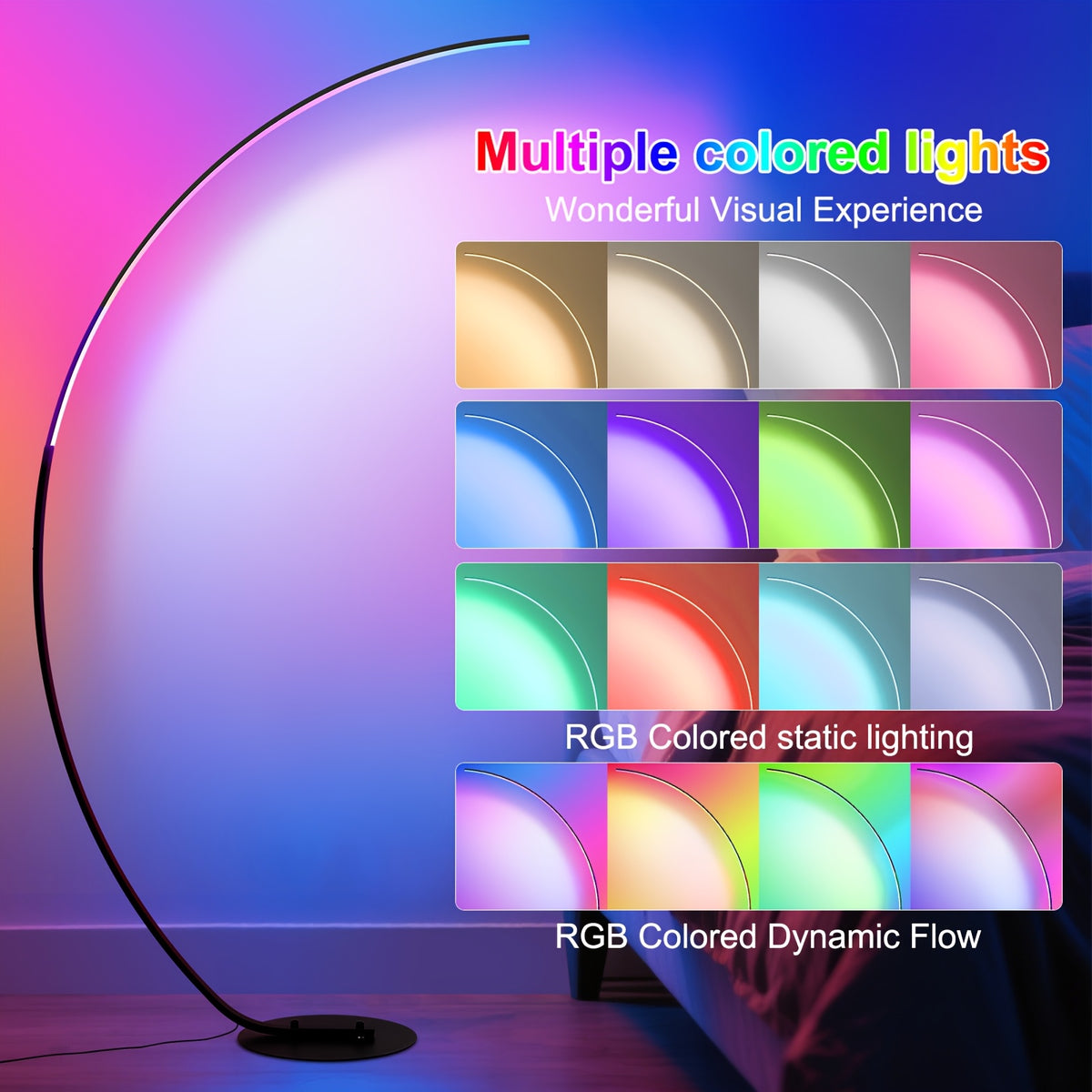 Lampadaire arc LED RVB 165 cm, couleurs et blancs réglables