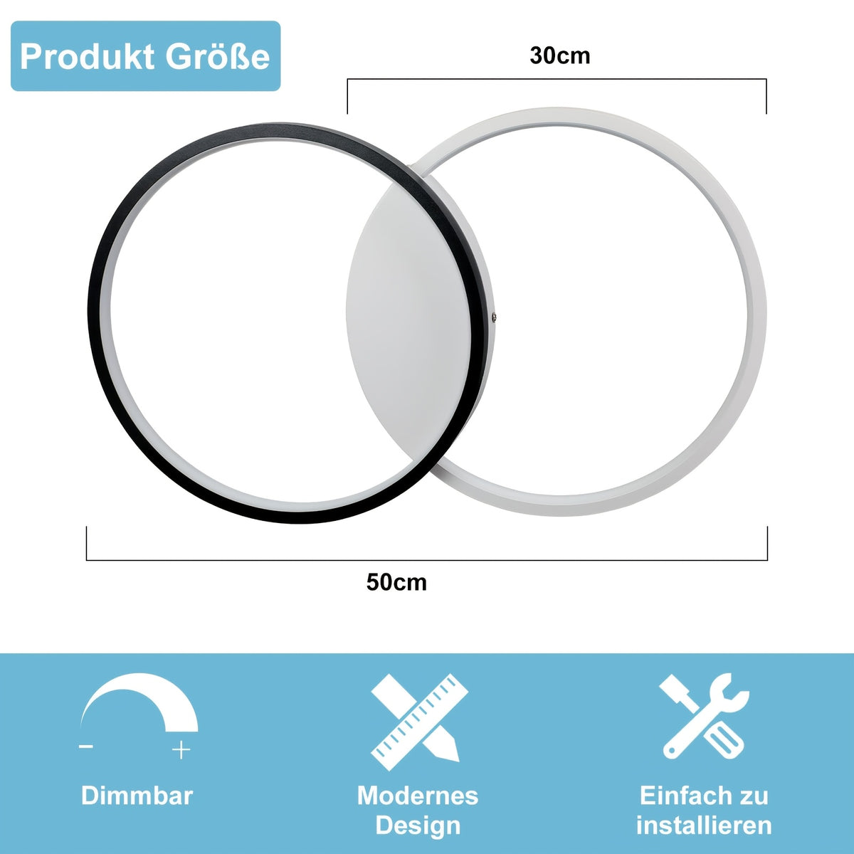 Plafonnier LED double anneau noir et blanc, 50 cm, trois teintes