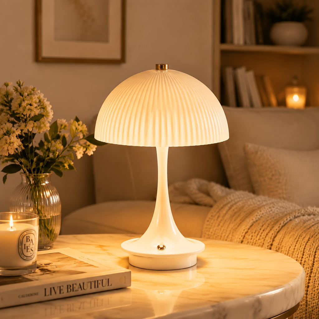 Lampe champignon sans fil, dôme blanc strié et pied coloré 23 cm