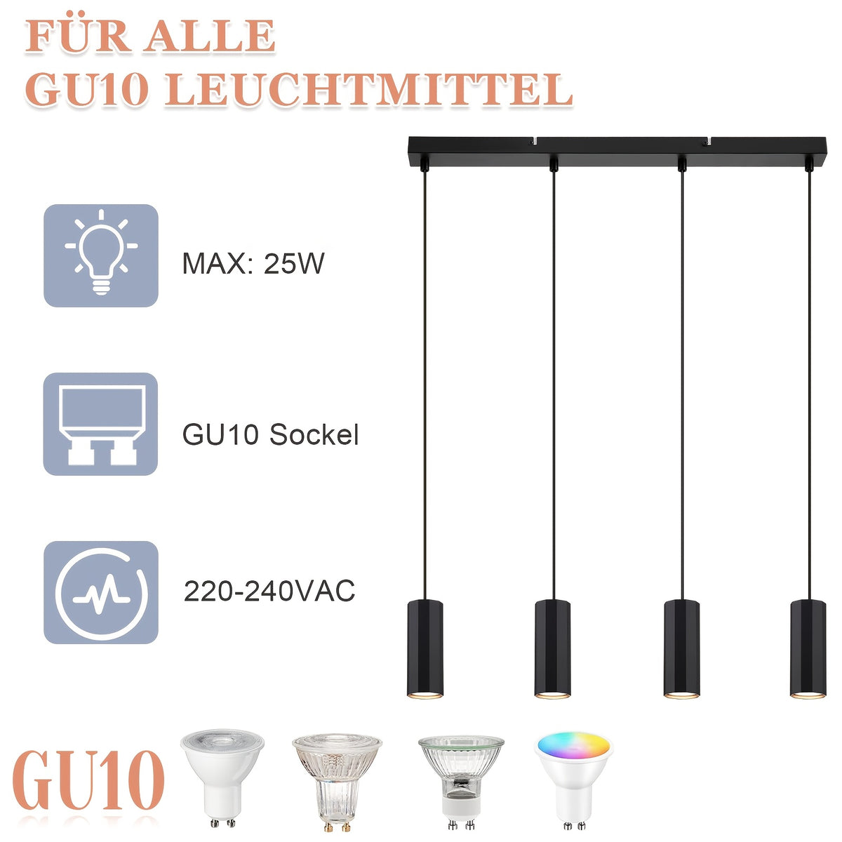 Suspension 4 cylindres facettés noirs GU10, barre de 60 cm