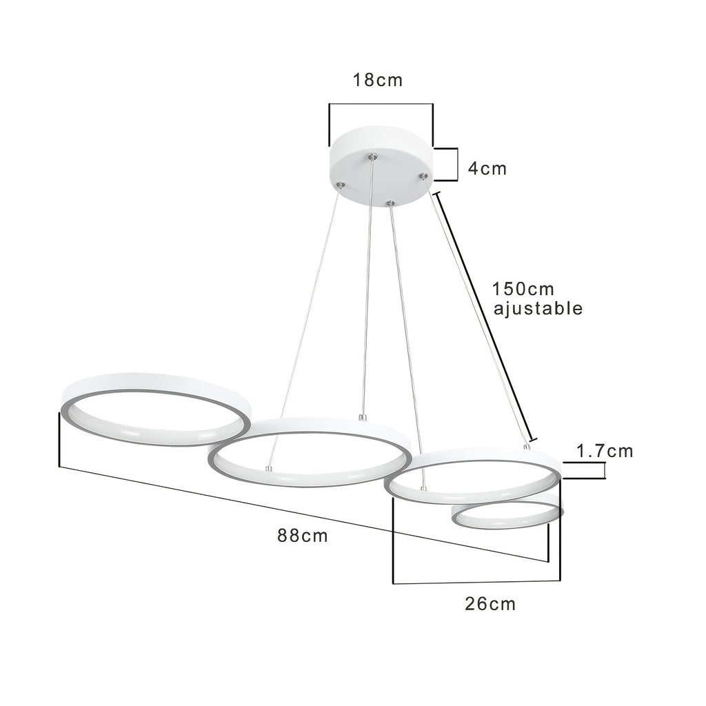 Lustre LED à quatre anneaux en ligne, 88 cm, blanc ou noir