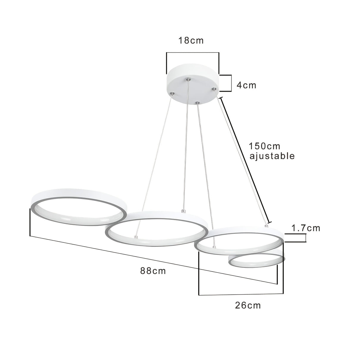 Lustre LED à quatre anneaux en ligne, 88 cm, blanc ou noir