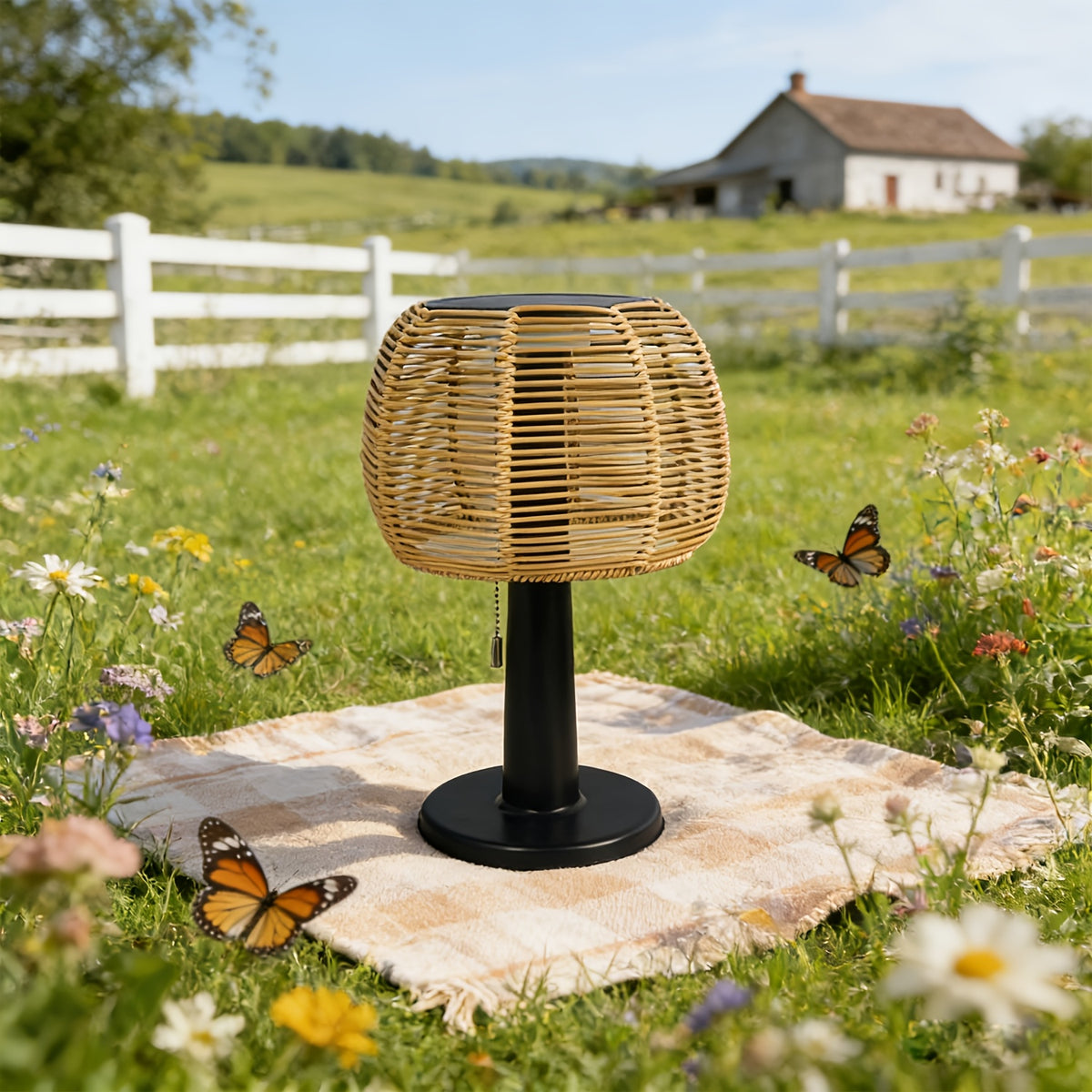 Lampe champignon solaire tressée effet rotin, chaînette, 33,5 cm