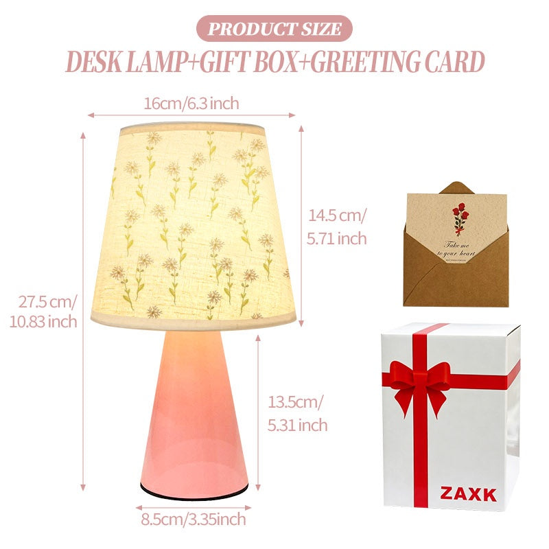 Lampe de chevet rose à abat-jour en lin semé de fleurettes, USB