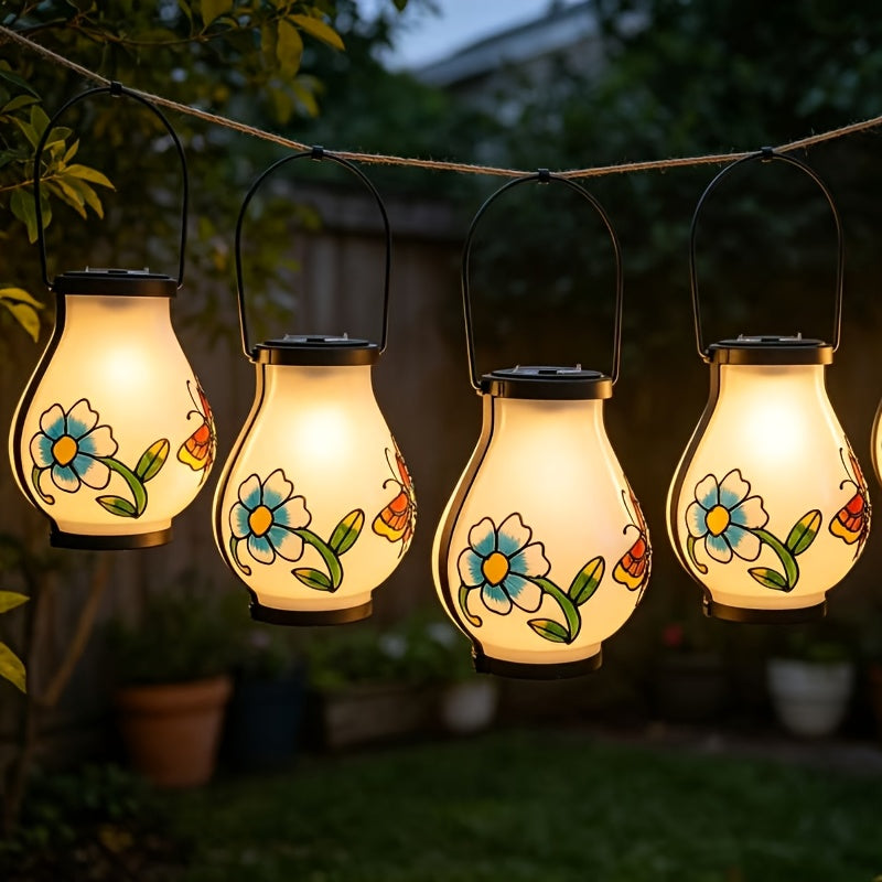 Lanterne solaire en verre dépoli à papillon peint, effet flamme