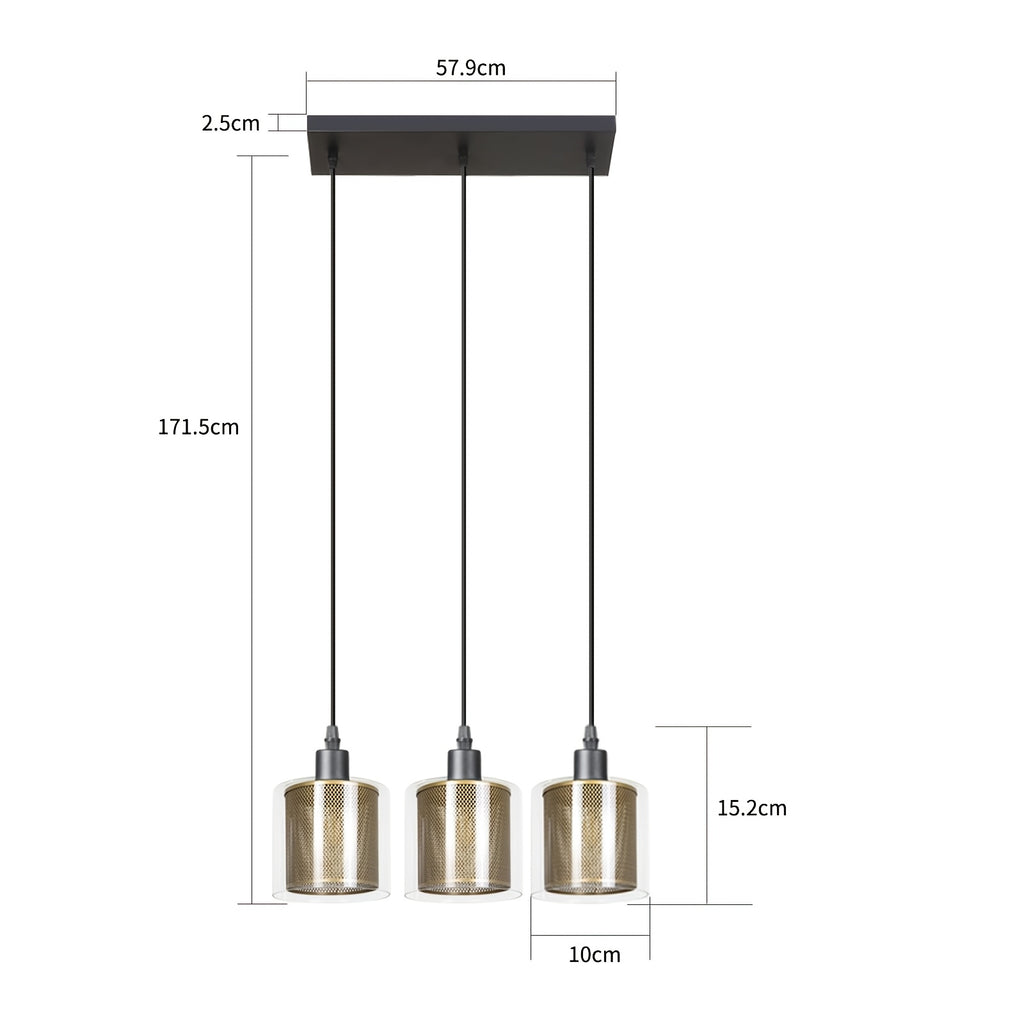 Suspension verre et grille dorée perforée, 1 ou 3 lumières E14