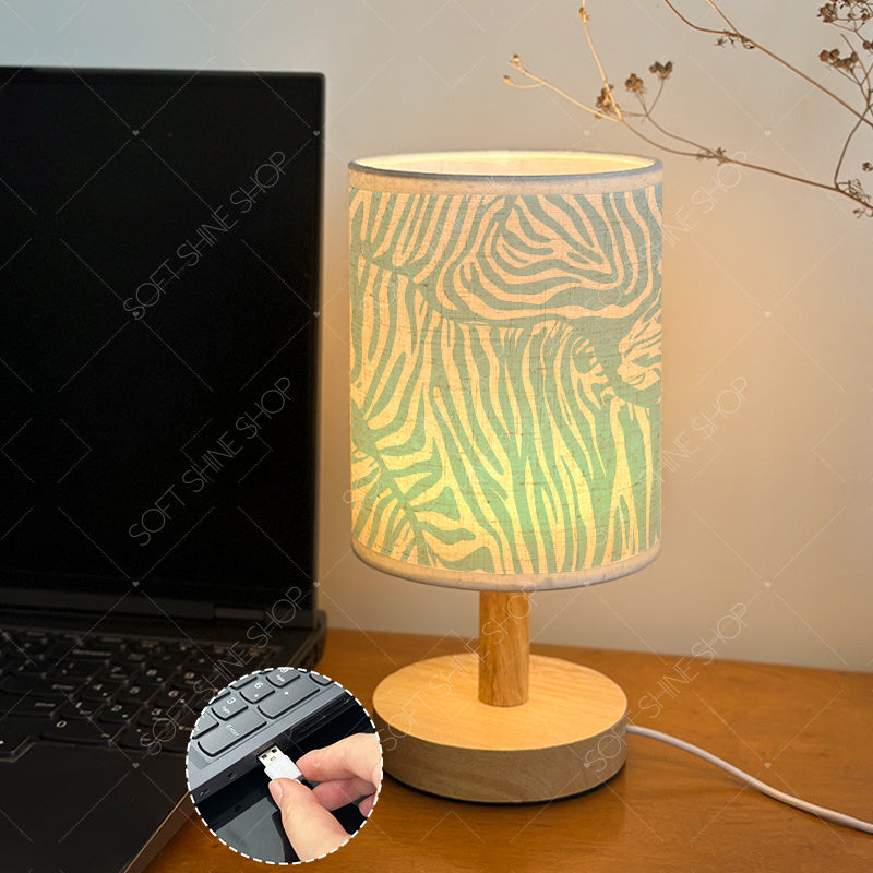 Petite lampe de chevet USB, toile à zébrures bleu ciel sur bois