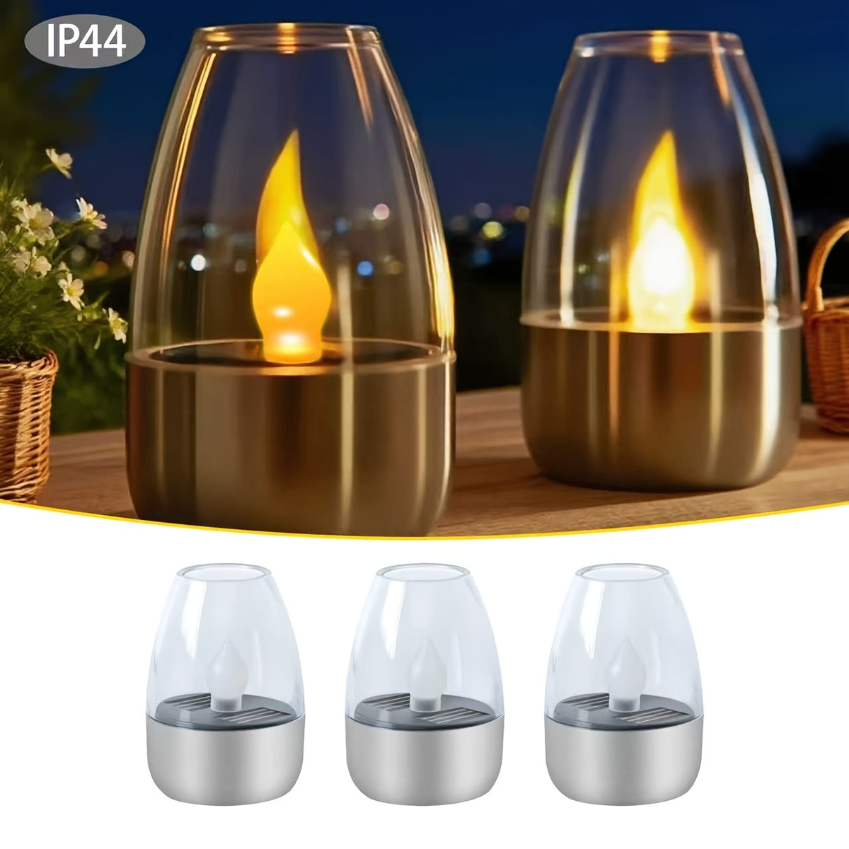 Lot de 3 bougies solaires LED sous globe transparent, IP44, 8,5 cm
