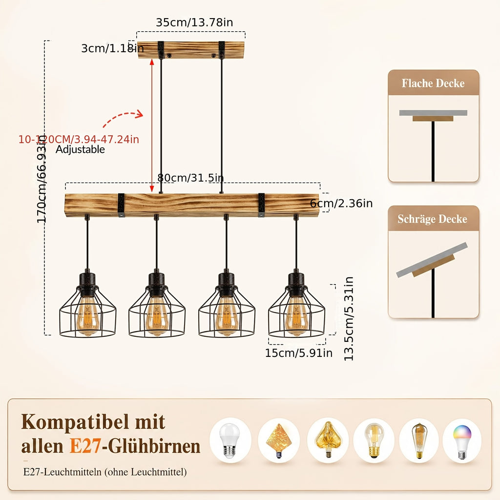 Suspension poutre rustique en bois flammé, hauteur réglable