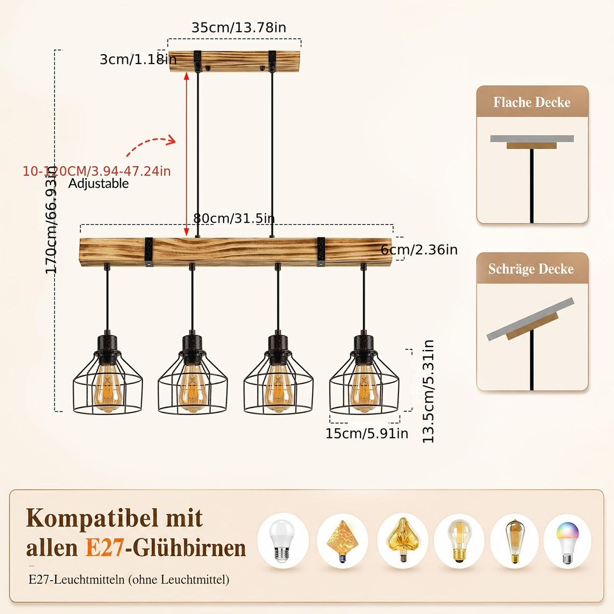 Suspension poutre rustique en bois flammé, hauteur réglable