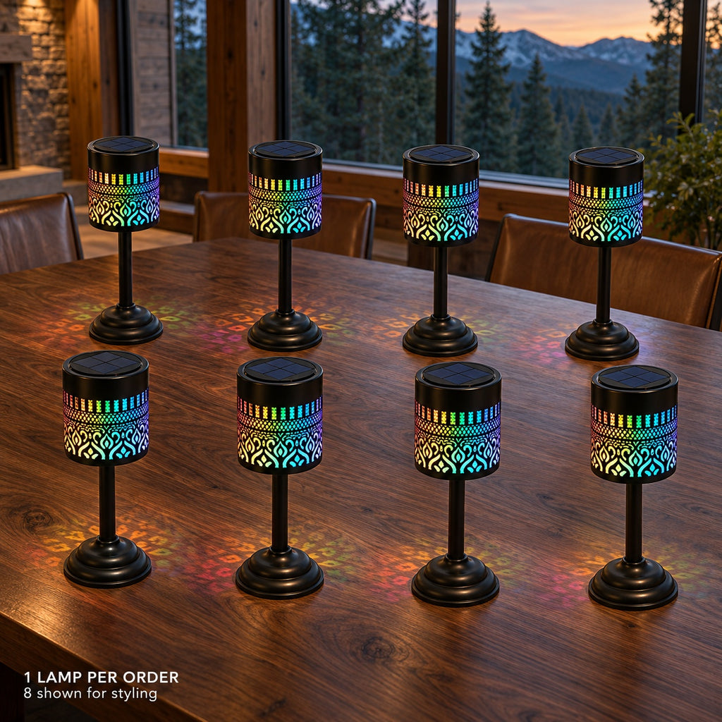 Lampe de table solaire ajourée en métal noir, lumière multicolore