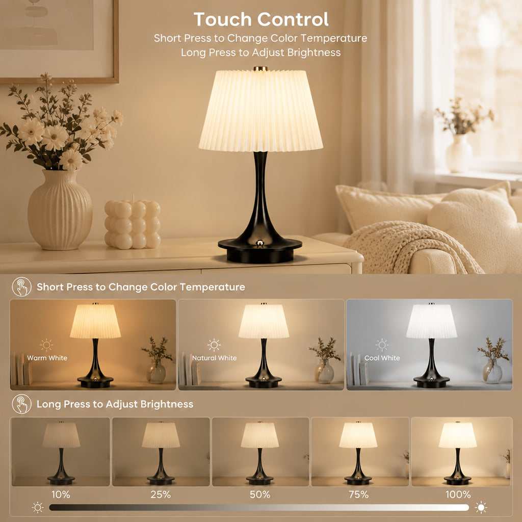 Lampe de chevet sans fil plissée sur pied trompette, 23 cm, 1800 mAh