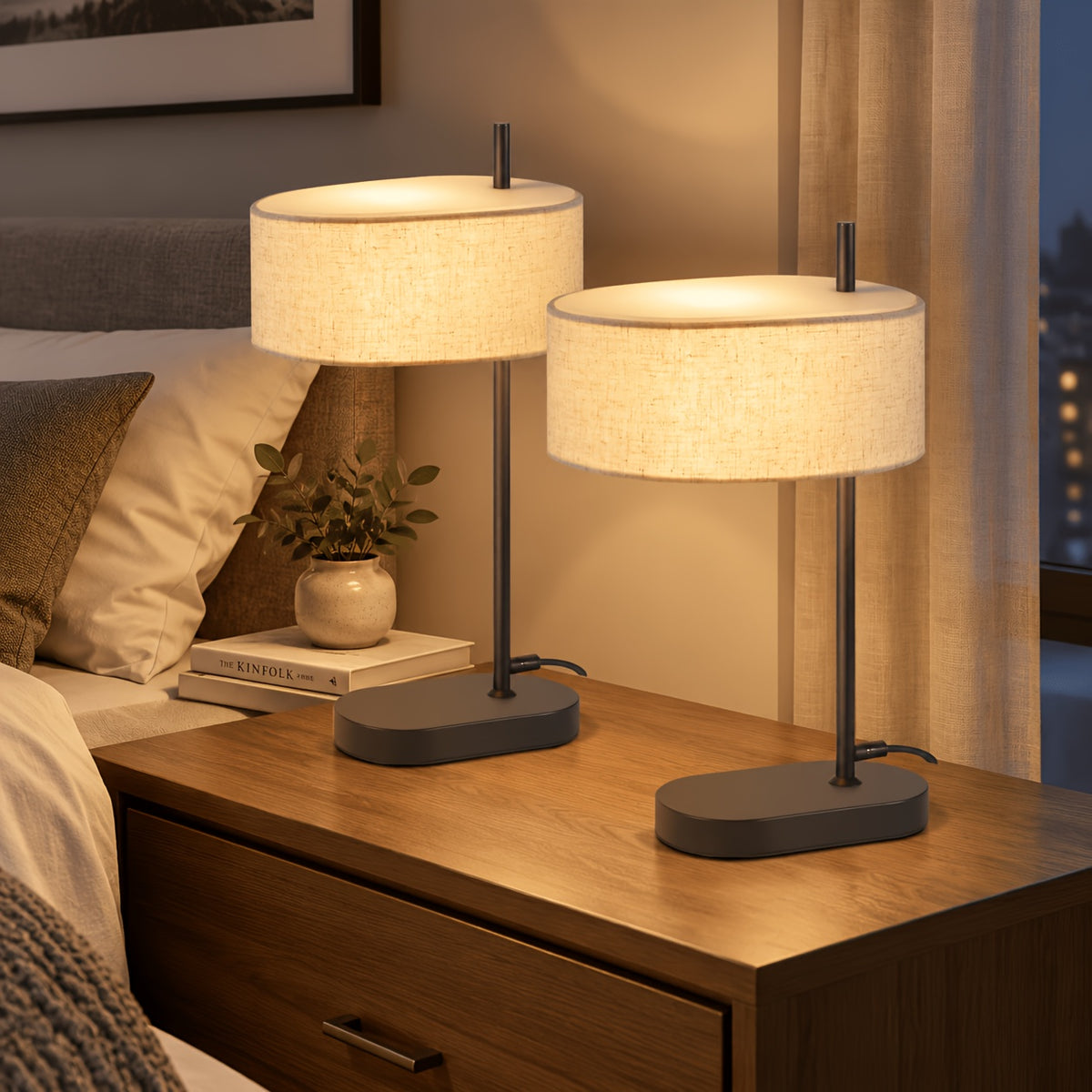 Lot de 2 lampes de chevet noires, abat-jour en lin, douille E14