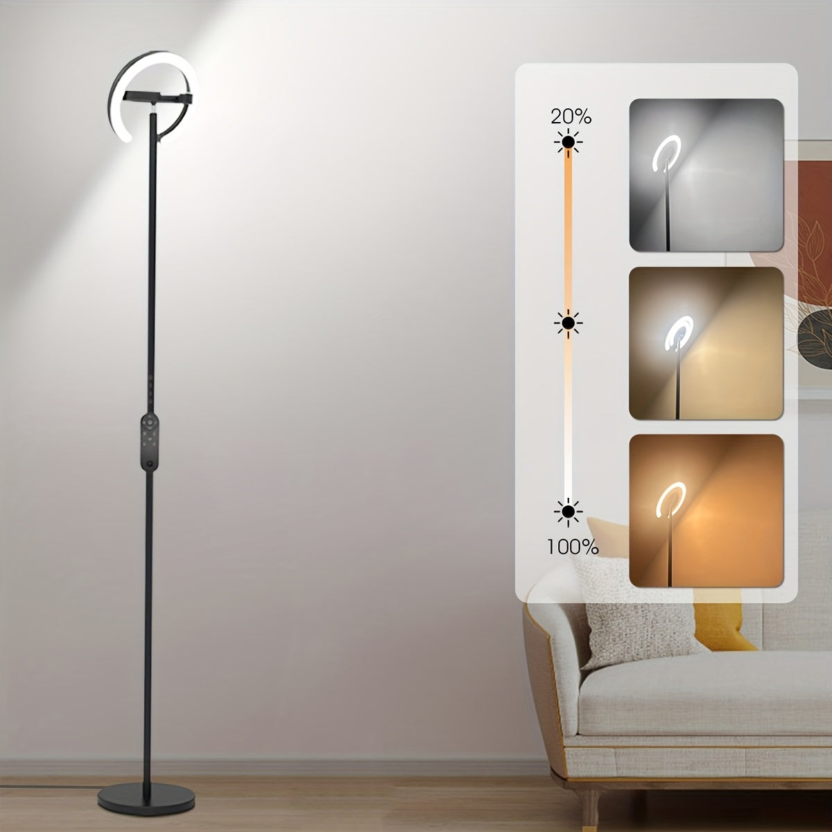 Lampadaire noir à anneaux LED rotatifs 36 W, réglable en continu