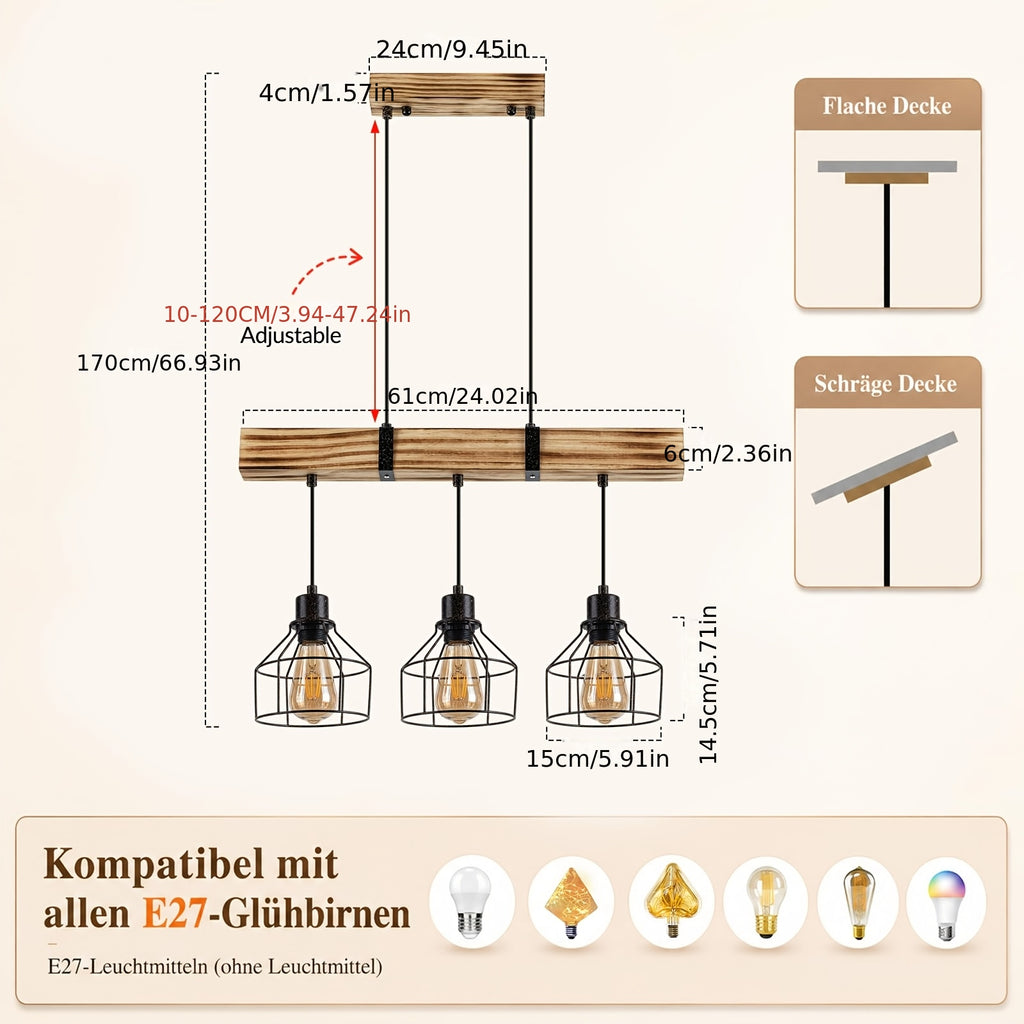 Suspension poutre rustique en bois flammé, hauteur réglable