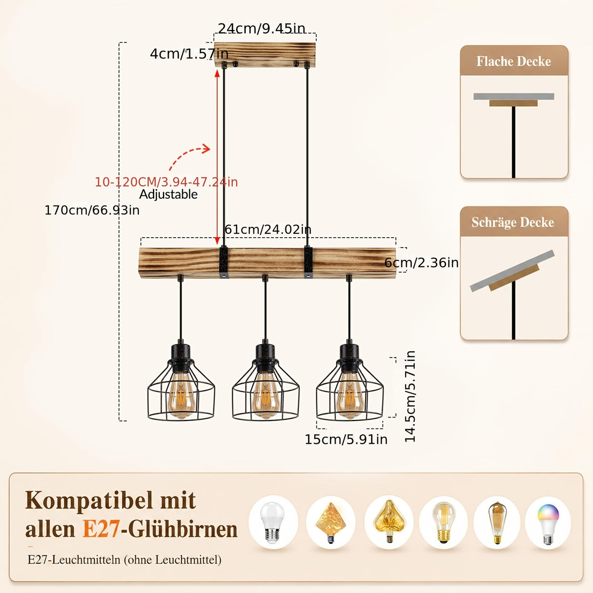 Suspension poutre rustique en bois flammé, hauteur réglable