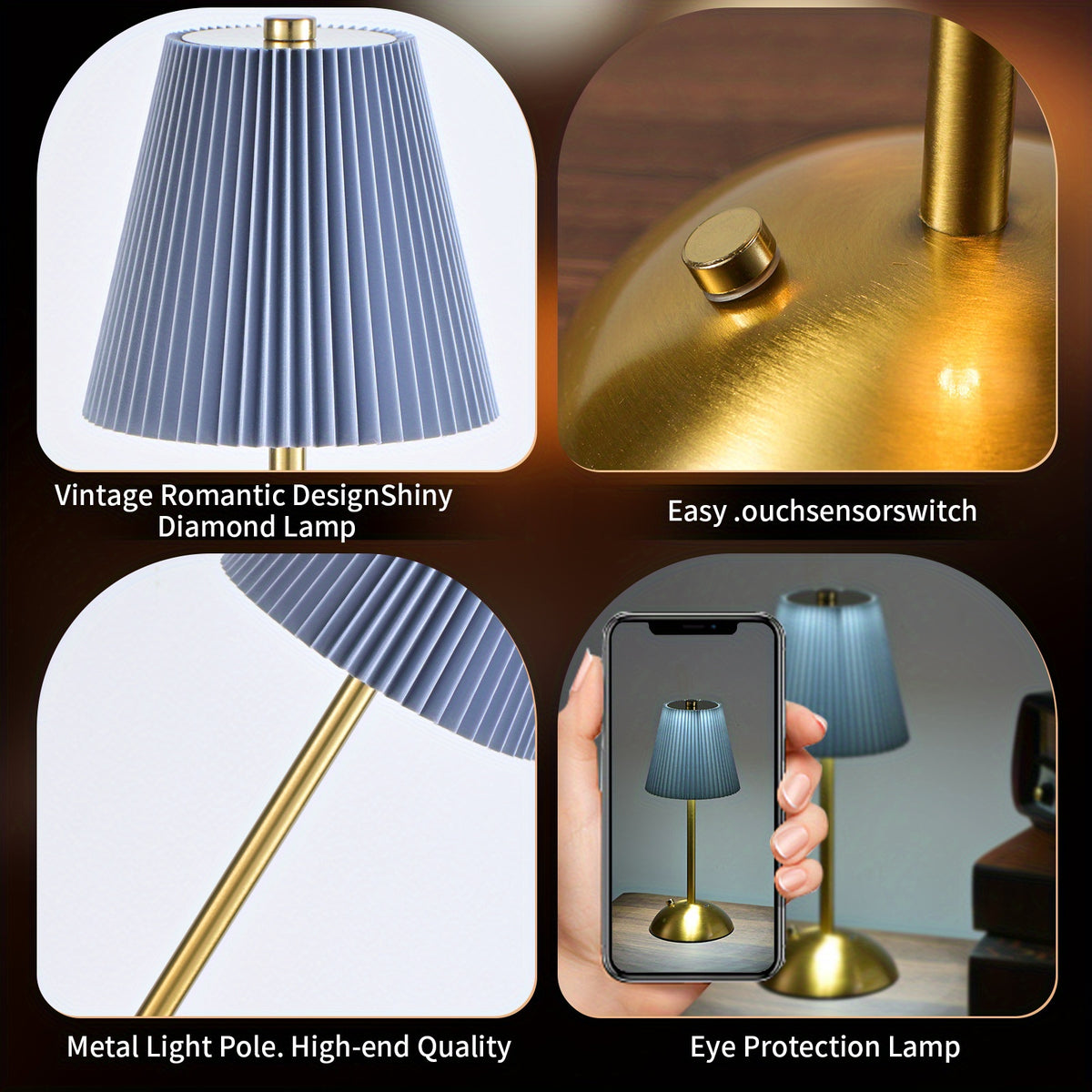 Lot de lampes de chevet sans fil plissées, socle doré, 4000 mAh