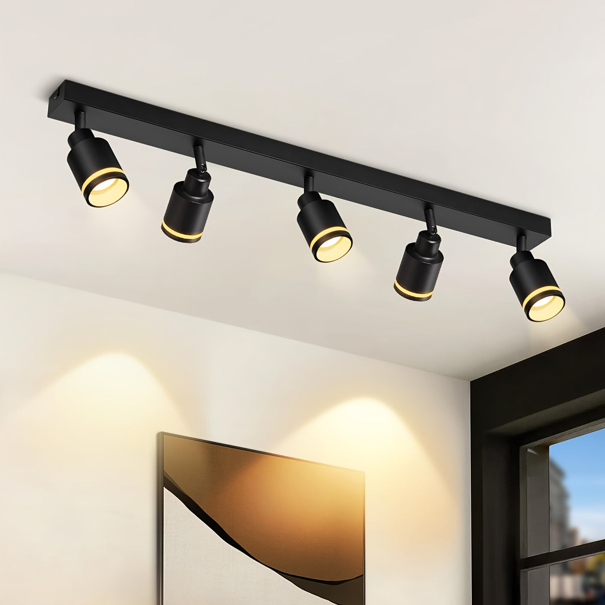 Spot de plafond 5 têtes orientables GU10, barre en métal noir