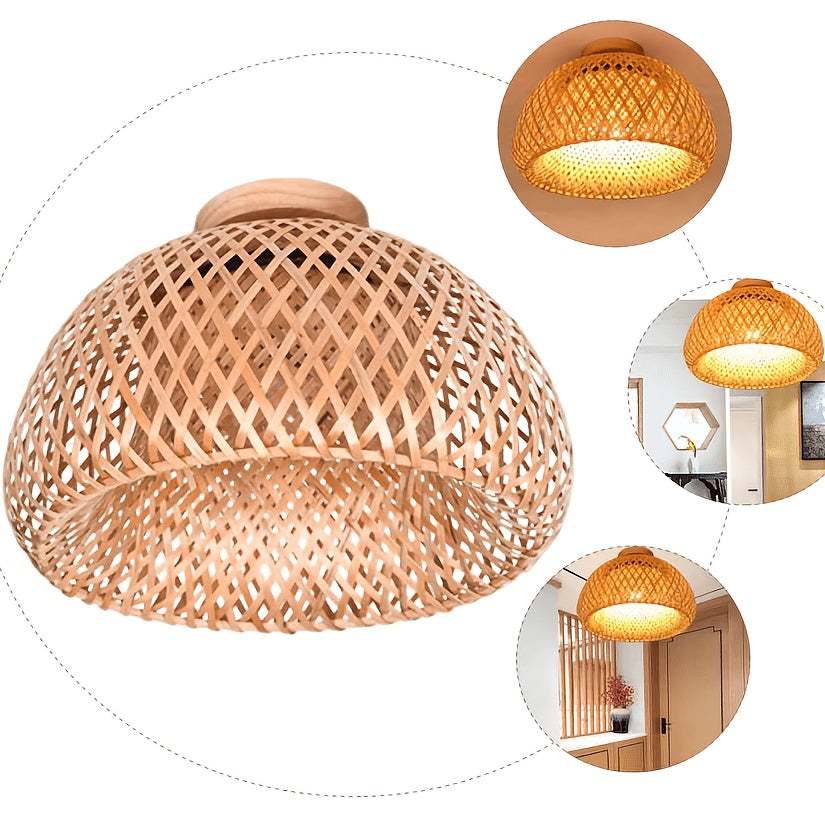 Plafonnier dôme en bambou tressé, Ø 30 cm, culot E27 et platine bois