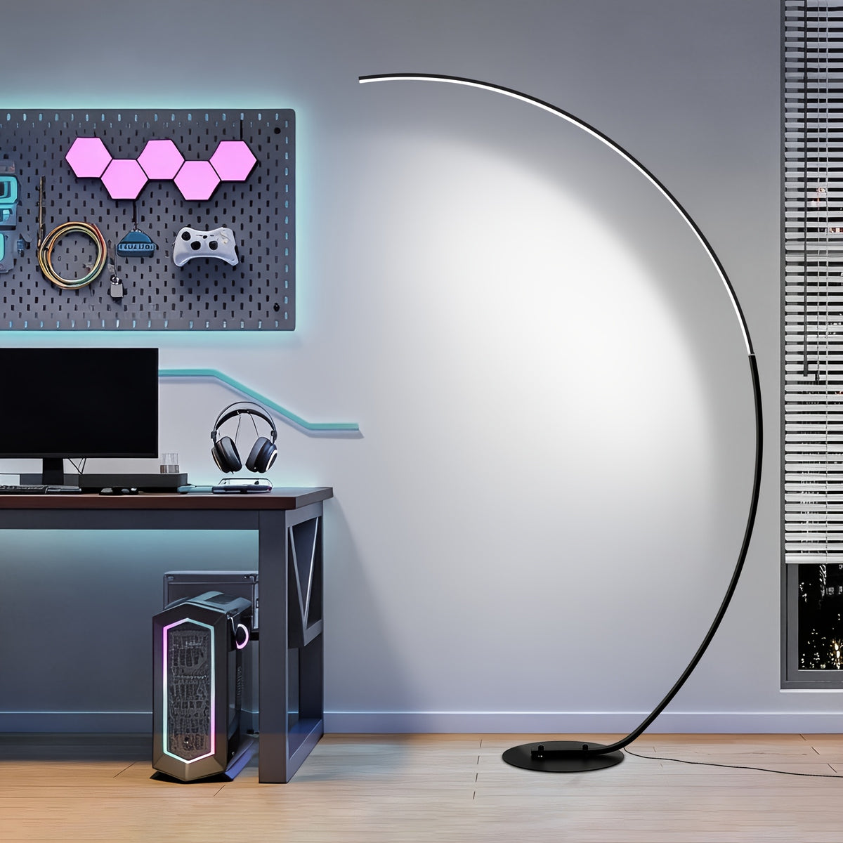 Lampadaire arc LED 165 cm, trois teintes et variateur, doré ou blanc