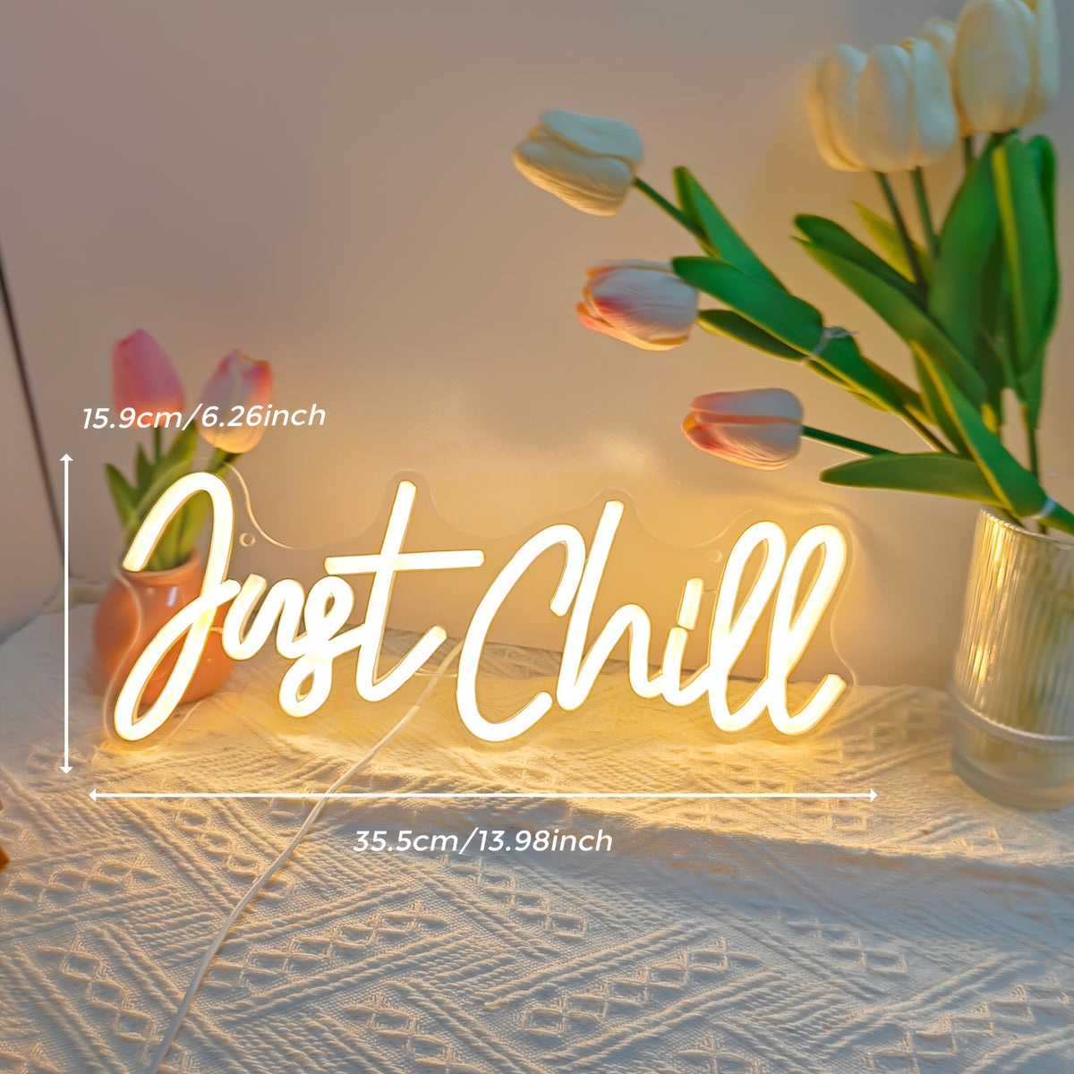 Enseigne néon LED « Just Chill » blanc chaud en cursive, 35,5 cm