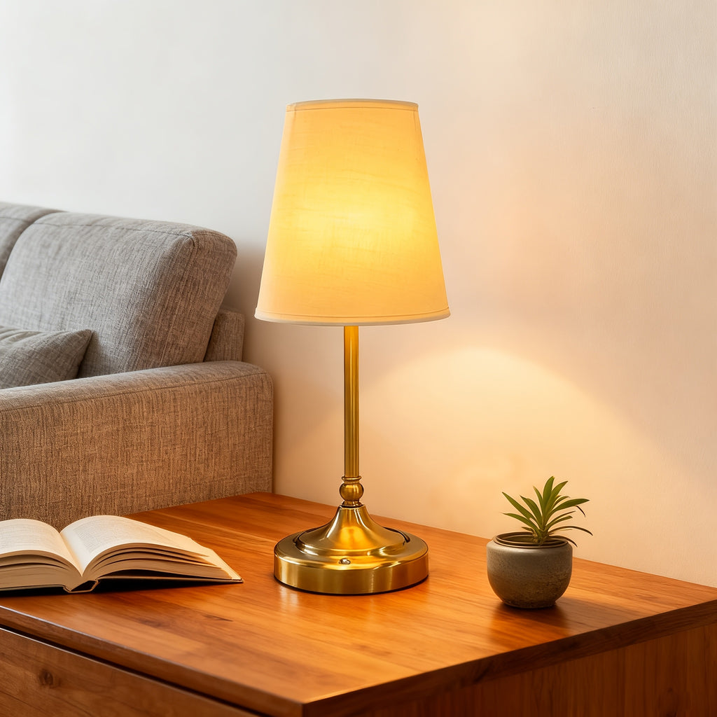Lampe de table sans fil bronze doré, abat-jour tissu 36 cm, tactile