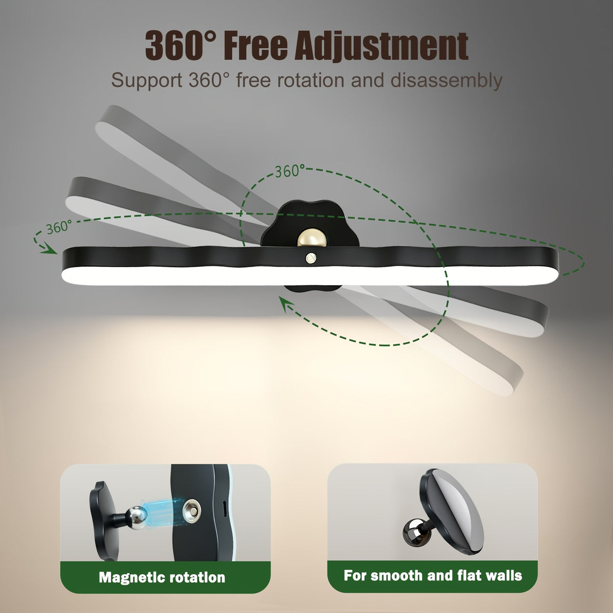 Applique murale LED noire rotative de 30 cm, liseuse sans fil