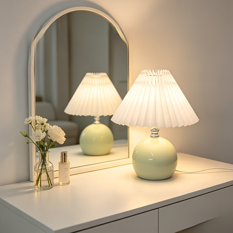 Lampe de chevet boule vert pâle, abat-jour plissé blanc, USB