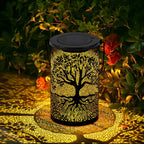 Lanterne solaire cylindre en métal ajouré, motif arbre de vie