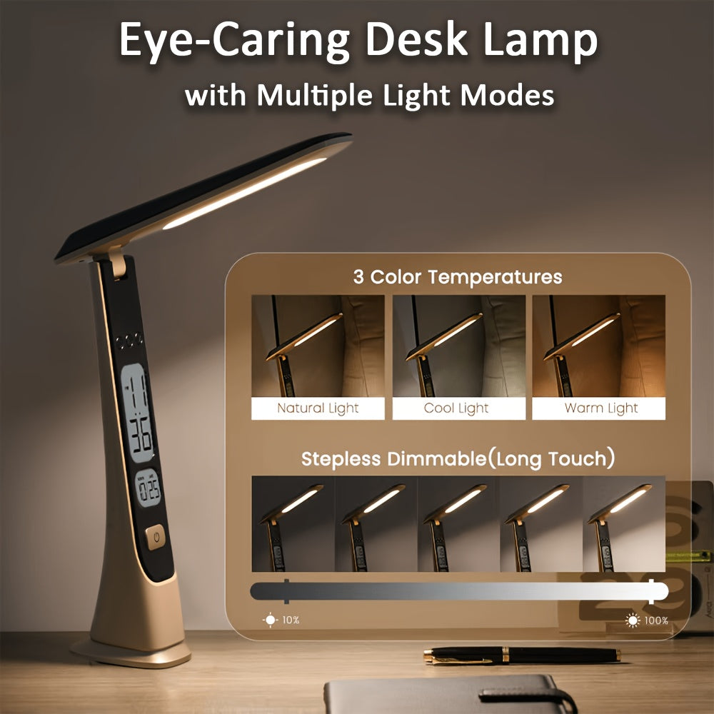 Lampe de bureau pliable sans fil avec horloge, tactile, 1800 mAh