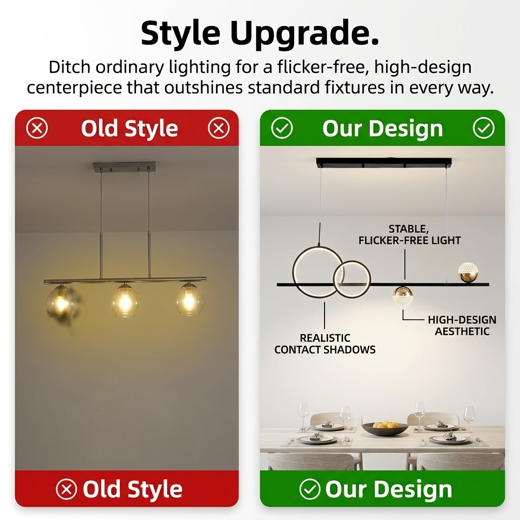 Lustre LED linéaire de 100 cm, double anneau et globes de cristal