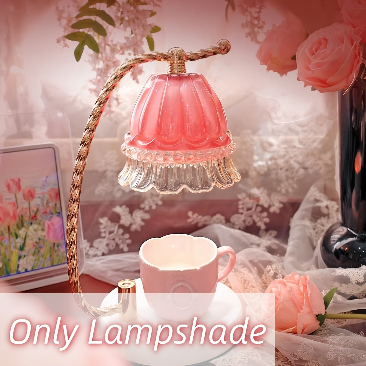 Petite tulipe en verre rose à jupe ondulée pour applique, Ø 12,7 cm
