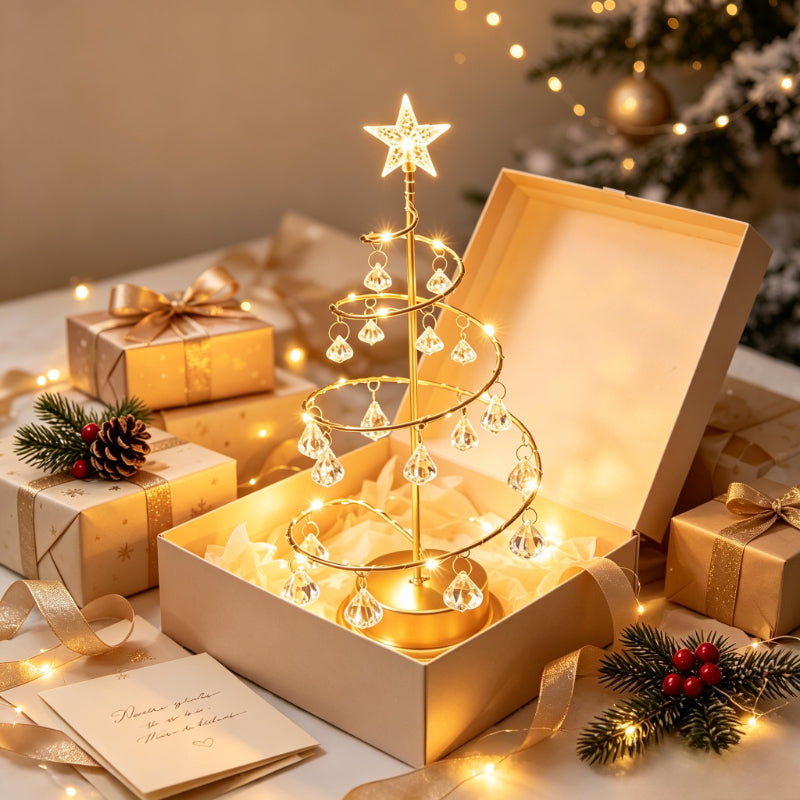 Lampe sapin de Noël spirale dorée à pampilles et étoile LED, 31 cm