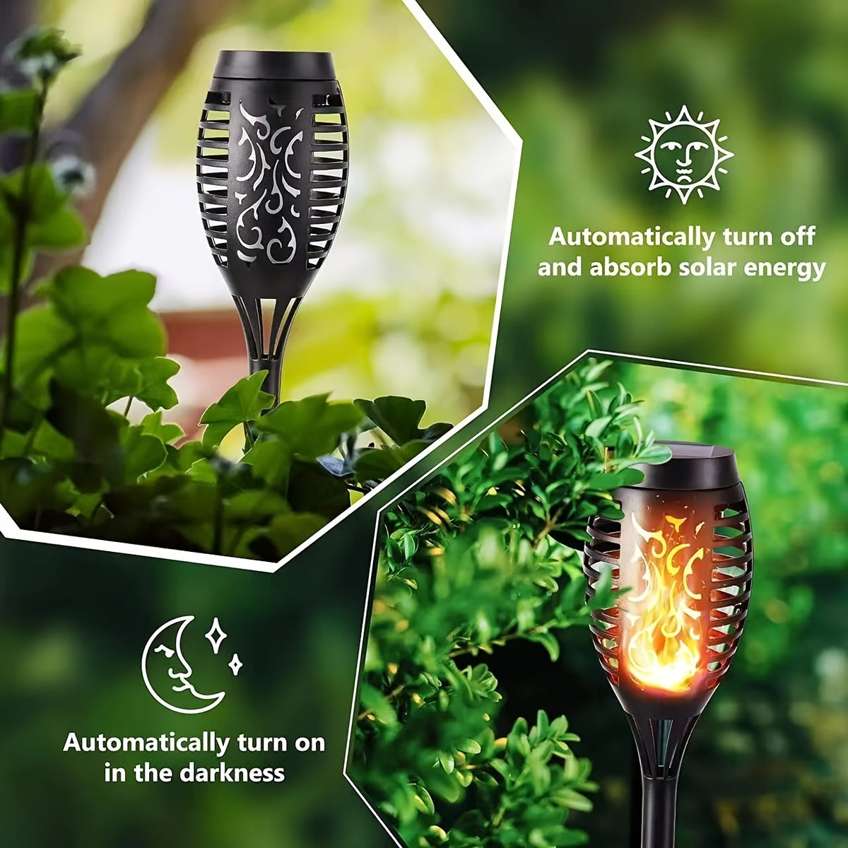 Torche solaire tiki à flamme et arabesques ajourées, 49,5 cm