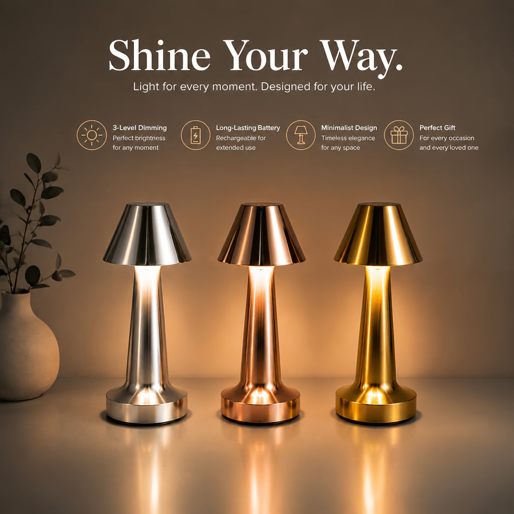 Petite lampe sans fil à chapeau conique en métal doré, 20,5 cm