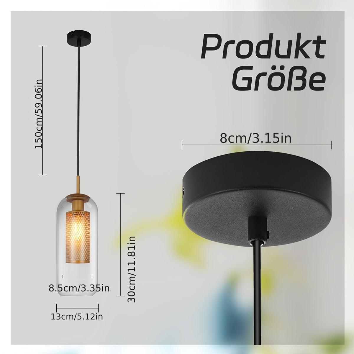 Suspension ovale en verre transparent à cœur doré, à l'unité